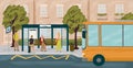 People waiting in queue on bus stop vector illustration. Bus arriving to station. Urban transport concept. City sidewalk Royalty Free Stock Photo