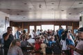 People waiting to disembark Delos Tours boat that has just arrived to to the island of Delos, Greece Royalty Free Stock Photo