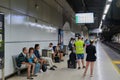04.08.2023. Barcelona, Spain, people waiting for the train on the platforms of the Barcelona Sants station Royalty Free Stock Photo