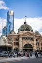 Melbourne, Australia - Nov 10, 2018 : People waliking around Flinders Street railway station is landmark in the downtown of