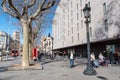 People walk along the Barcelona promenade in time of Covid 19 in winter 2021 in Plaza Cataluna