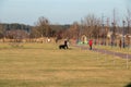 People walk along the new embankment of the Irpin river