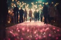People walk along the red carpet in the middle of the night in the light of garlands, blur. Generative AI