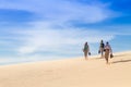 People walk along the sand dunes, view from the back, copy space, Sahara