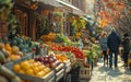 People walk along sidewalk past fruit stand. An outdoor farmers market with people shopping for fruits and vegetables Royalty Free Stock Photo