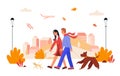 People walk in autumn city day vector illustration, cartoon flat happy man woman lover couple characters walking with