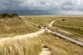 People walk on boardwalk at Kniepsand beach, Wittdun, Amrum island, North Frisia, Germany Royalty Free Stock Photo