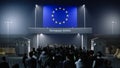 People walk through the border checkpoint gate to Europe union at night - 3D rendered