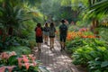 people walk on a brick path in a lush garden with vibrant flowers. Royalty Free Stock Photo