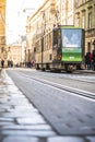 people walk in the center of the old city of Lviv. Lviv tram Royalty Free Stock Photo