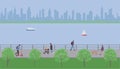 People walk in the city embankment park. Vector illustration.