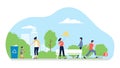 People walk in city park. Flat cute characters play in ball and kite, baby with mother. Outdoor resting, summer vector