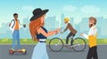 People walk in city park, guy riding gyroboard, man in helmet cycling, girl holding phone