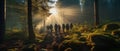 People walk in distance in dark woods at sunrise, banner with group of hikers in pine forest. Landscape with men, sunlight and