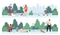 People walk with dogs vector set