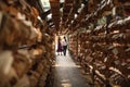 People walk through ema tunnel of wishes. Ema Wooden prayer tablets at Hikawa Shrine at Kawagoe, Japan. It is famous for praying Royalty Free Stock Photo