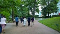 People walk in famous Catherine Park. Favorite place for excursions travel and relax in nature for tourists