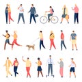 People walk. Flat characters walking with dog outdoor, riding bicycle and hoverboard and running. Men and women crowd on Royalty Free Stock Photo