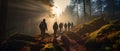 People walk in forest at sunrise, banner with group of hikers in pine woods. Scenic view of men, sunlight and trees in summer or