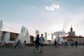 People walk at the fountain at the exhibition VDNH Moscow