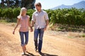People, walk and holding hands outdoor in vineyard, countryside and environment for love, bonding and affection. Couple Royalty Free Stock Photo