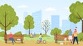 People walk in public park. Family going with children and dog pet eating ice cream. Kid riding bicycle, couple sitting Royalty Free Stock Photo