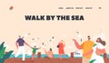 People Walk by the Sea Landing Page Template. Happy Characters Walking along Embankment with Seaview Royalty Free Stock Photo