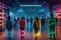 AI Powered Analytics Displaying Data Over People in a Retail Store with Neon Overlays artificial intelligence Royalty Free Stock Photo