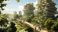 People walking along the city& x27;s green streets, bridges, trees. Urban development in close proximity to the