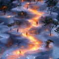 People walking along glowing path through abstract terraced landscape Royalty Free Stock Photo