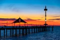 People walking along pier at sunset Royalty Free Stock Photo