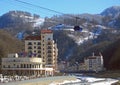 People are walking along riverside Mzymta in Krasnaya Polyana