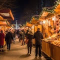 People are walking around small brightly illuminated urban Christmas fair.