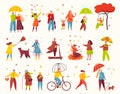 People walking in autumn park, fall season outdoor activities. Characters under umbrellas in rain, woman throwing leaves