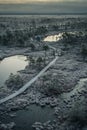 People walking in the background on wooden path, road in swamp Royalty Free Stock Photo