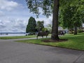 People walking by the beach at the Kirkland Marina at Lake Washington, ducks and a large gazebo in the background