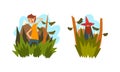 People Walking in Beautiful Nature, Boy Got Lost in Forest, Bearded Man in Pointy Hat Standing in Tall Grass Cartoon