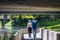 people walking in a beautiful spring landscape in the Sculpture Garden at New Orleans City Park with a lake, lush green trees