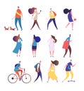 People walking. Cartoon persons walk street. Men and women crowd vector isolated collection