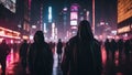 people walking in the city A dark and dystopian cityscape with twisted skyscrapers, smoggy air, and neon lights.