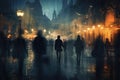 People walking in the city at night,motion blur abstract background, A crowd of people walks in the city at night, creating a