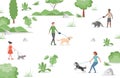 People walking in city park with domestic pets vector flat illustration. Pet owners spending time outdoor,