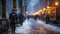 people walking on the city street at night in winter with snowfall Royalty Free Stock Photo