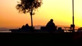 People walking, cycling and sitting on a chair on the recreation area during sunset, backlight