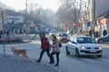 People in the walking with dog on JNA Square in Leskovac, Serbia