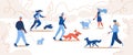 People walking with dogs. Owners and pets at park concept illustration. Illustration drawn in vibrant blue and orange colors