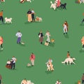 People walking dogs, seamless pattern. Tiny owners strolling with puppies of different canine breeds outdoors, endless