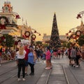 People walking down Main Street USA during Christmas at Walt Disney World Magic Kingdom in Orlando, Florida Royalty Free Stock Photo