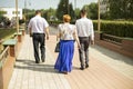 People are walking down the street of the city, the view from behind. Three adults on a walk, men in shirts and trousers, a woman