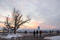 People walking facing New Belgrade Novi Beograd from Kalemegdan fortress, one of the main monuments of Belgrade